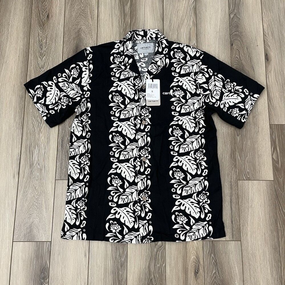 Carhartt WIP Floral Button Up Shirt Black/White Mens Size Small Embroidered Logo